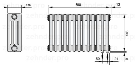 Схема (чертеж) Радиатор Zehnder Charleston 4050/13 №5510 Белый глянцевый RAL 9016